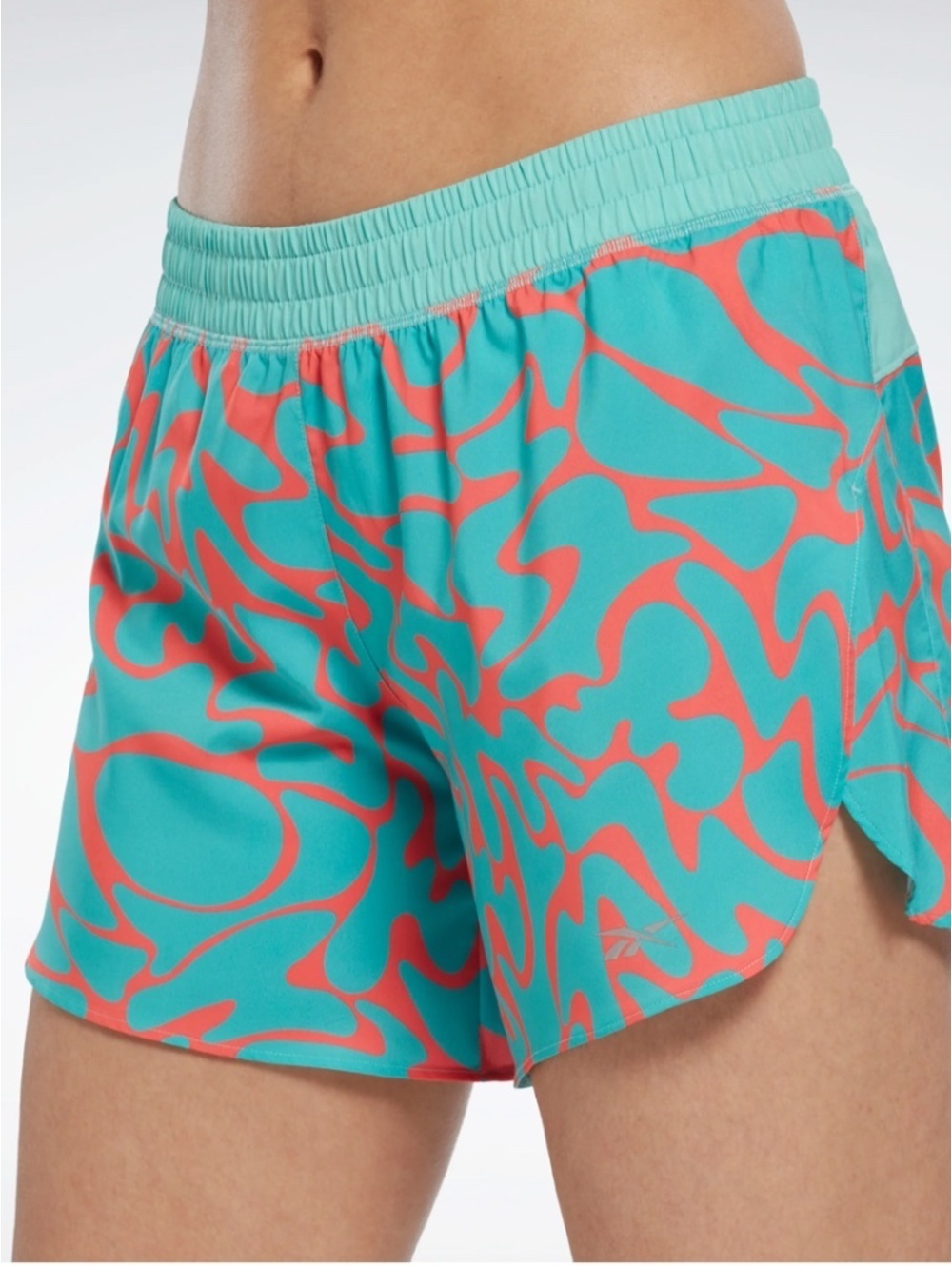 Reebok Women’s Lined Running Shorts Teal Coral Abstract Print Size S
